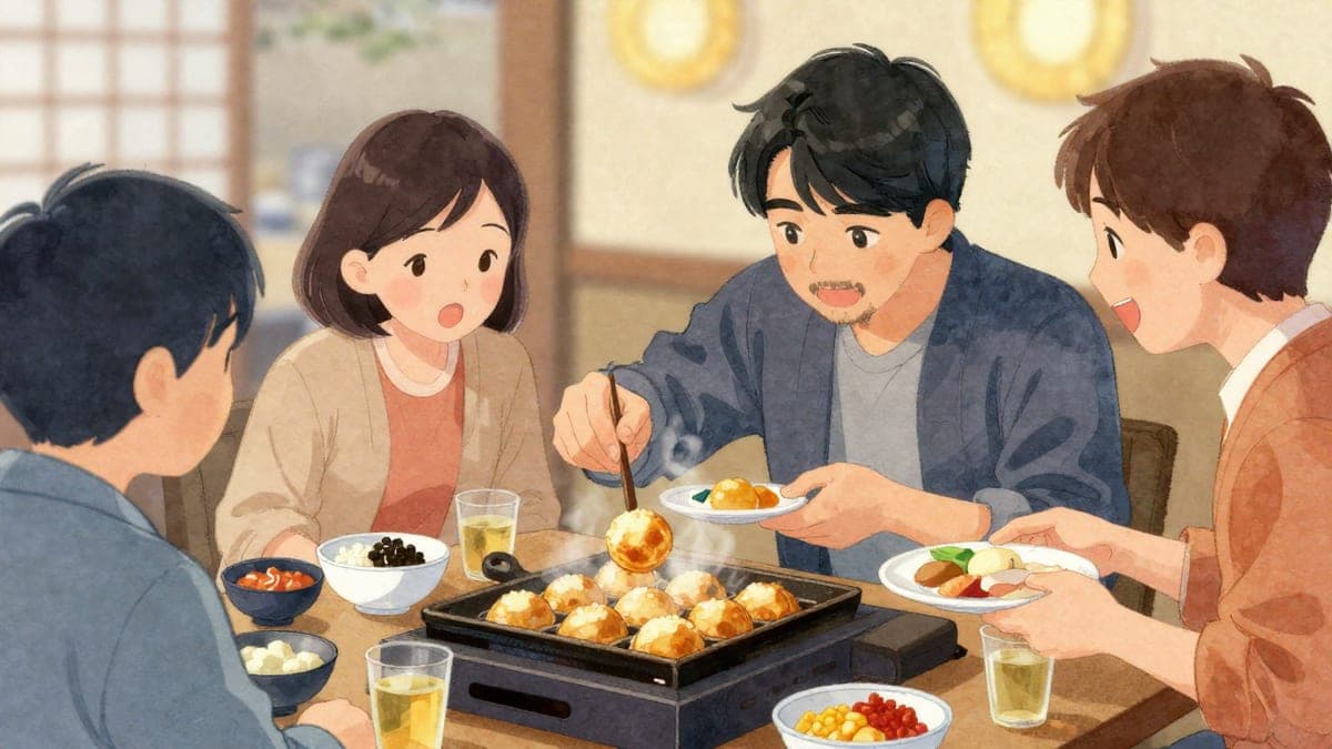Seorang lelaki asing muda dengan berhati-hati memusing takoyaki bola dengan pick manakala seorang rakan Jepun bersandar untuk melatihnya dan rakan lain menghulurkan pinggan.