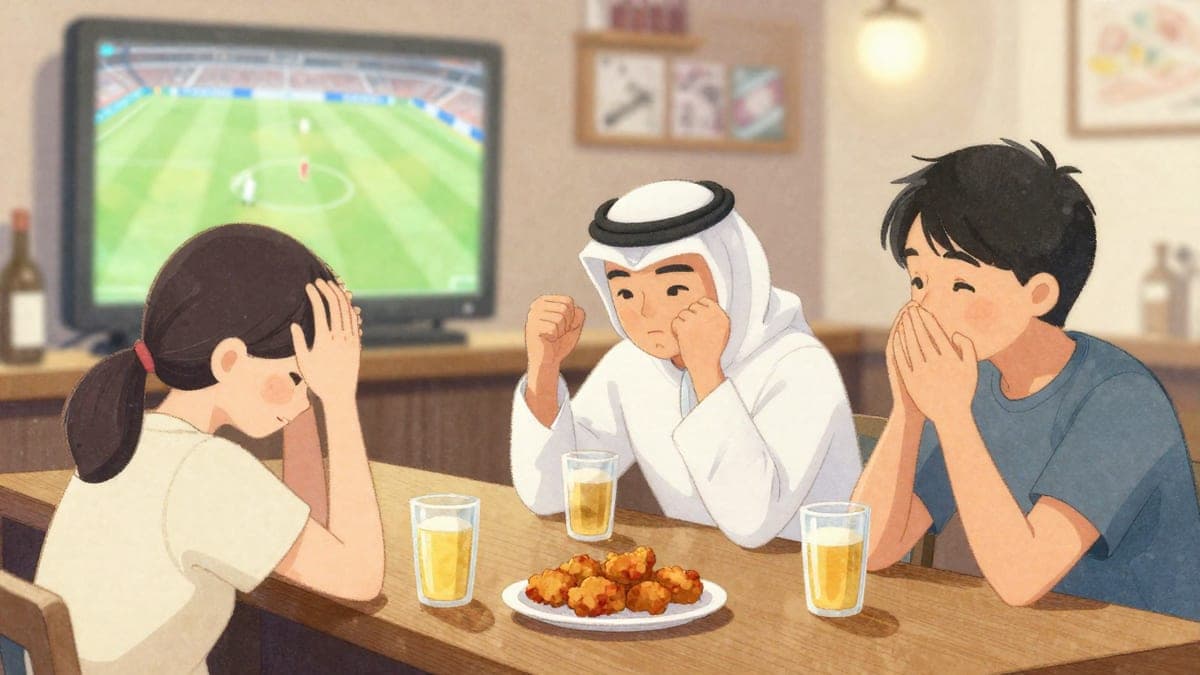 Tiga rakan di meja bar, dua bersandar ke hadapan dengan tegang dan seorang memegang kepalanya selepas hampir terlepas, gelas bir di hadapan mereka