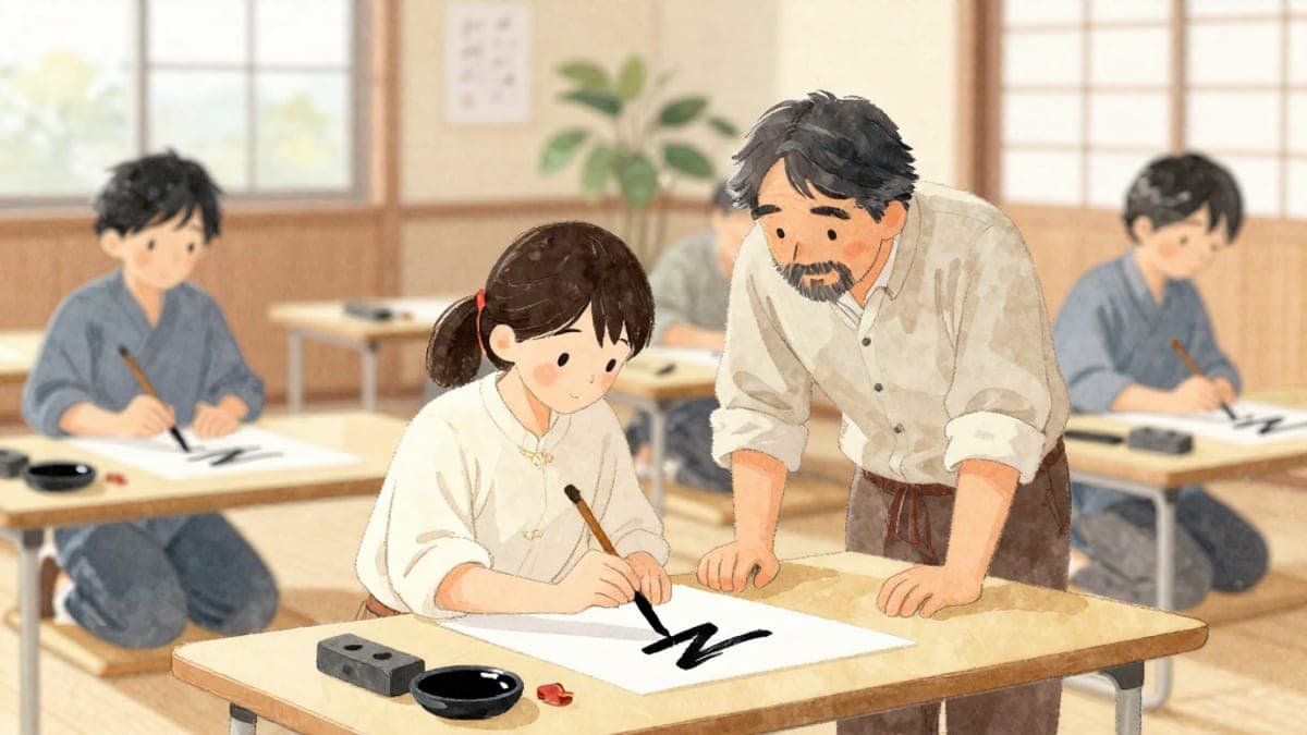 Di kelas kaligrafi, seorang lelaki warga asing membungkuk untuk mengagumi kanji yang baru disikat oleh wanita muda Jepun di sebelahnya.