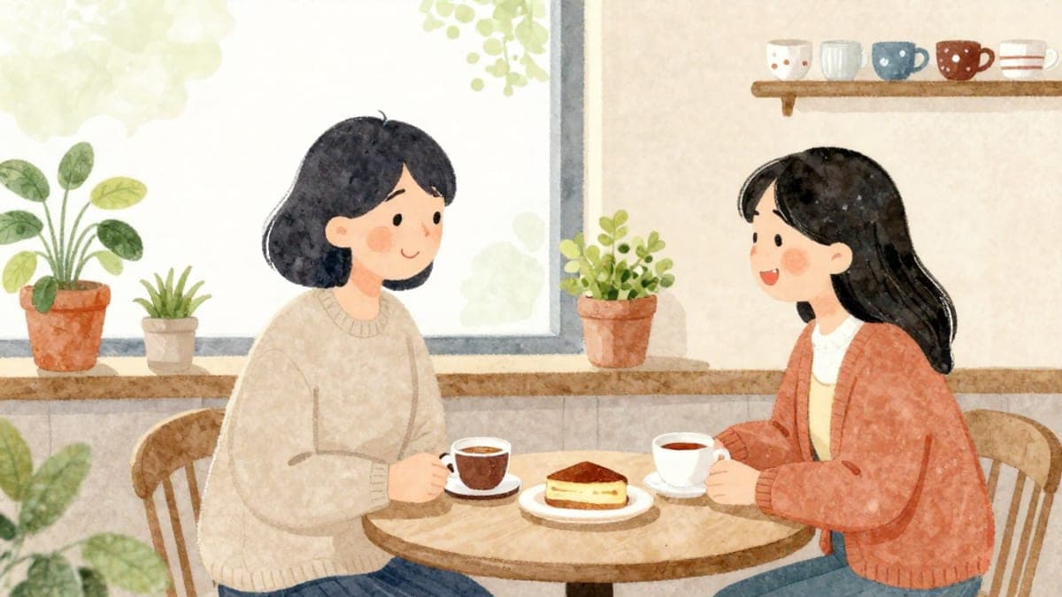 Di meja kafe di tepi tingkap yang cerah dengan tanaman pasu, seorang wanita Jepun yang hamil dan rakannya, seorang wanita muda Colombia, ketawa bersama sambil menikmati secawan teh.