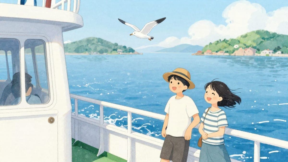 Di atas dek feri kecil di bawah sinar matahari yang cerah, seorang lelaki muda Perancis dan seorang wanita Jepun bersandar pada rel, ketawa, dengan laut biru dan pulau-pulau hijau di belakang mereka.