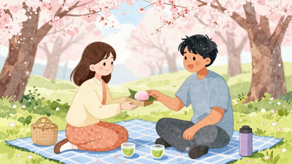 Rakan-rakan duduk di atas tikar berkelah di bawah bunga sakura penuh ketika seorang wanita muda Jepun menawarkan kek beras merah jambu kepada seorang lelaki asing yang tersenyum.