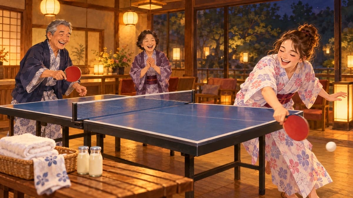 Ett äldre japanskt par och deras unga kanadensiska svärdotter spelar ett lugnt bordtennisspel i yukata i träspelhörnan på ett värdshus i varma källor på natten.