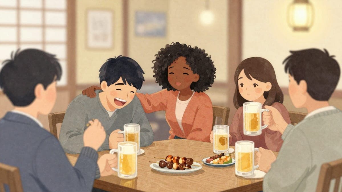 Rakan di sekeliling meja kayu izakaya dengan cawan bir dan pinggan kecil; seorang wanita muda secara main-main menolak bahu kawannya sambil semua orang ketawa.