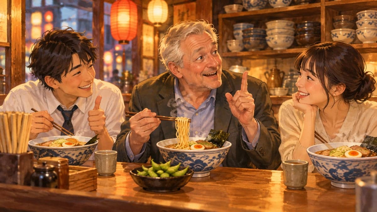 Seorang lelaki kulit putih yang lebih tua dan dua rakan sekerja Jepun yang muda berkongsi edamame dan semangkuk ramen di kaunter kayu kecil, ketawa sambil mengulangi perkataan dengan perlahan.