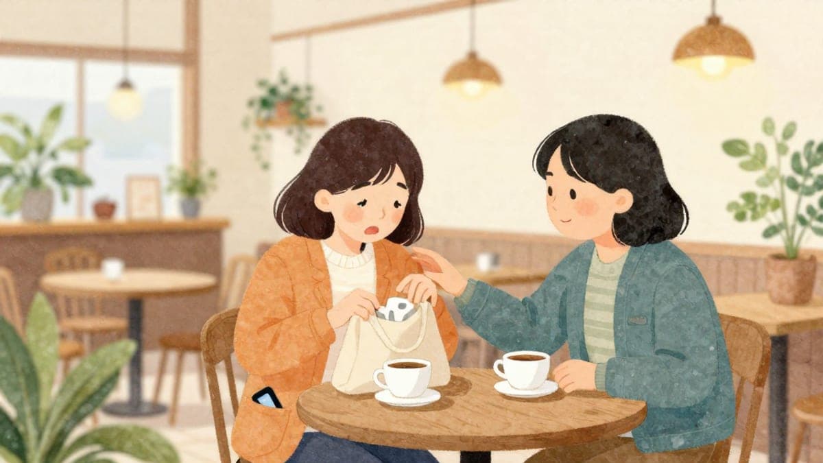 Di sebuah kafe yang selesa dengan tumbuh-tumbuhan dan meja kayu, seorang wanita muda Jepun menggeledah begnya dalam keadaan panik manakala rakan Mexiconya menyentuh lengannya perlahan-lahan dan tersenyum meyakinkan.