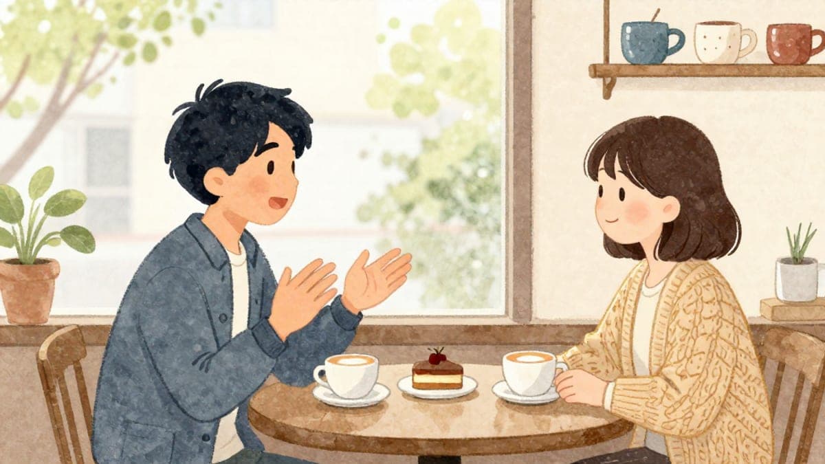 Di meja kafe yang selesa, seorang lelaki muda Brazil menerangkan impiannya untuk membuka kafe manakala seorang wanita Jepun mendengar dengan senyuman yang menggalakkan.