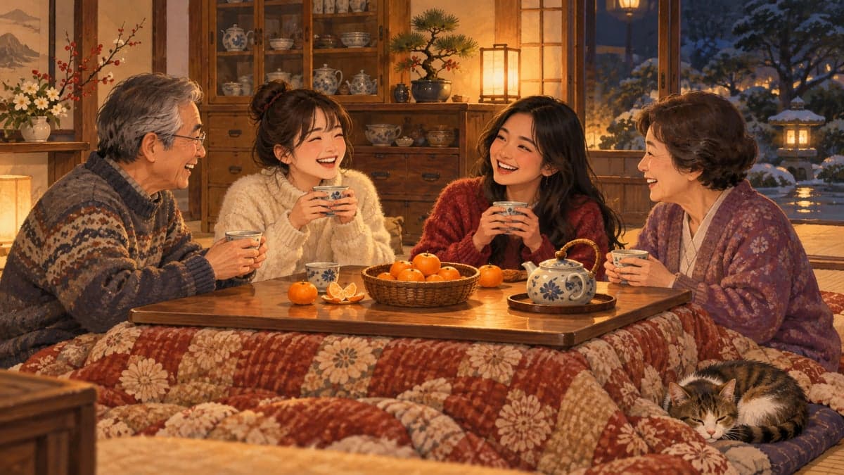 Seorang wanita muda, rakan Jepunnya dan ibu bapa rakan itu ketawa mengelilingi kotatsu meja dengan oren mandarin di ruang tamu yang hangat.