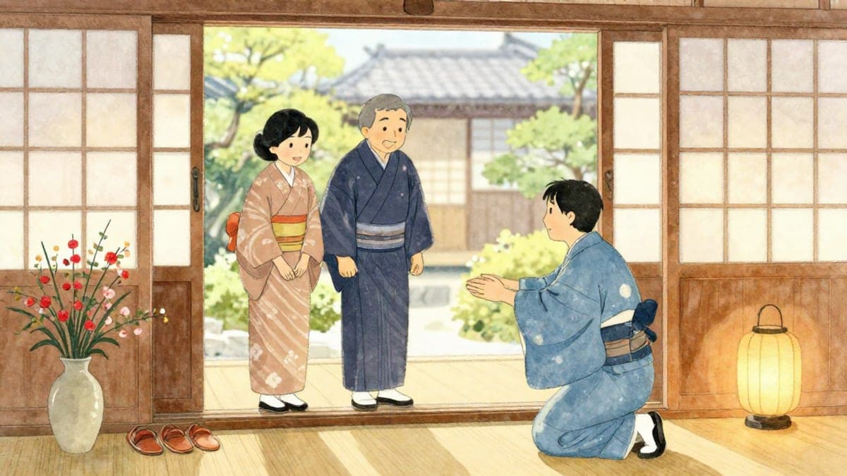 Sepasang suami isteri warga asing pertengahan umur tunduk sedikit ketika tuan rumah berpakaian kimono menyambut mereka di dewan pintu masuk kayu rumah penginapan tradisional, selipar berbaris di tangga.