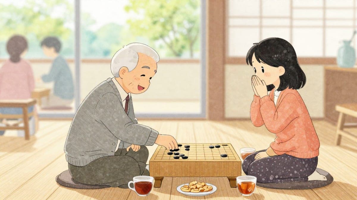 Seorang lelaki warga emas Jepun berkardigan bersandar pada papan shogi kayu di dalam bilik komuniti yang cerah, sambil menyeringai ketika seorang wanita muda Poland di seberangnya menutup mulutnya kerana terkejut.