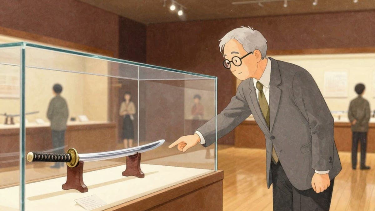 Seorang lelaki warga asing pertengahan umur mencondongkan badan ke arah bekas kaca yang memegang sebatang katana yang berkilauan manakala seorang pemandu muzium Jepun yang lebih tua menunjukkan corak bergelombang pada bilahnya.