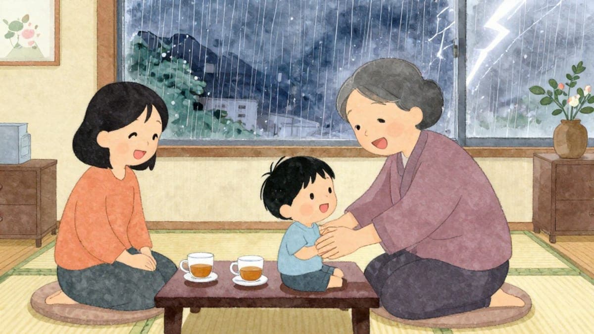 Di dalam ruang tamu Jepun yang selesa semasa ribut, seorang nenek sambil bermain-main menutup perut kanak-kanak kecil manakala seorang wanita asing muda ketawa di sebelah mereka berhampiran tingkap yang dilanda hujan.