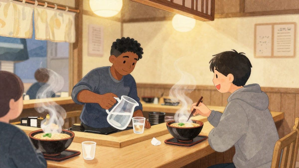 Di kedai ramen yang selesa, seorang pemuda kulit hitam mengisi dua gelas dari jag air di kaunter manakala rakan Jepunnya ketawa di sebelahnya.