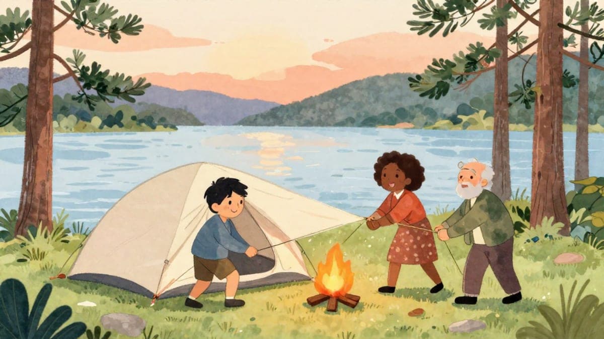 Tiga rakan, seorang lelaki Jepun, seorang wanita Nigeria dan seorang lelaki Sweden yang lebih tua, ketawa sambil mereka memegang khemah separuh nada di tapak perkhemahan di tepi tasik di antara pokok pain pada waktu senja.