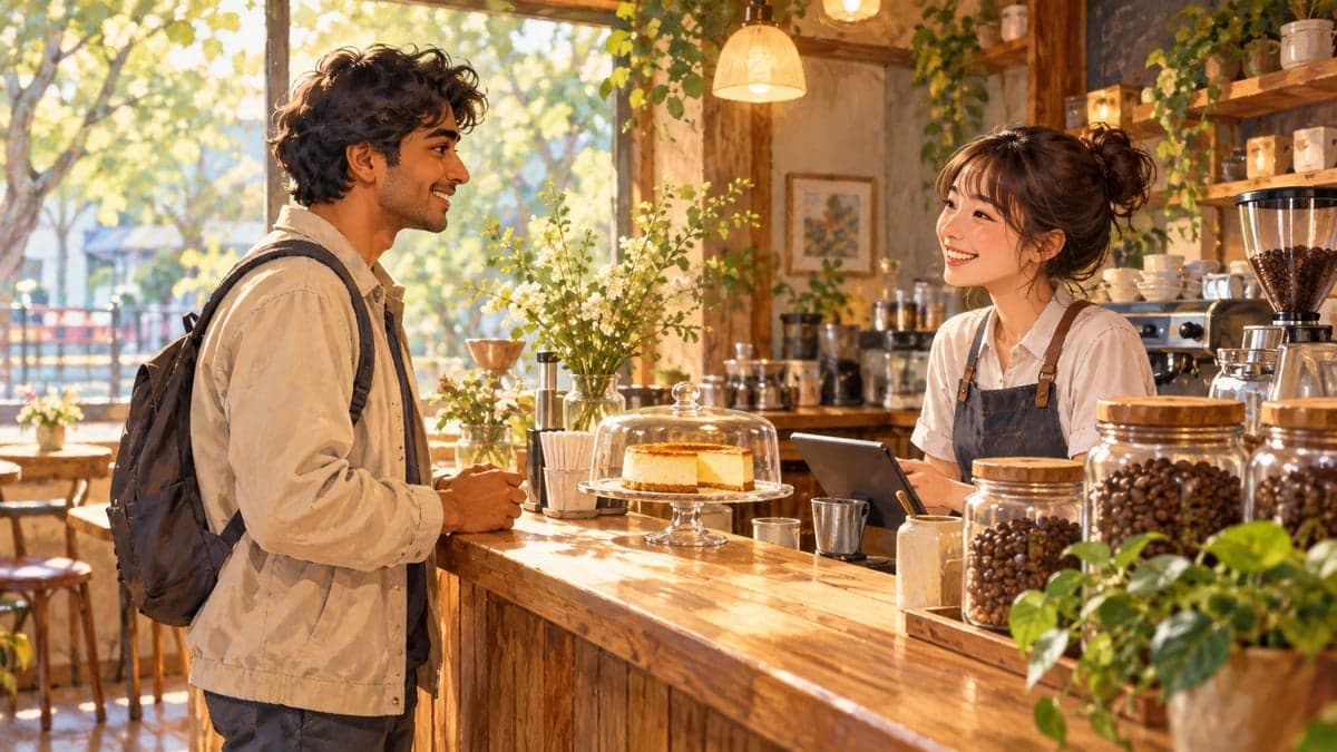 Seorang lelaki muda India berdiri di kaunter kafe kayu kecil memesan daripada barista Jepun yang tersenyum, balang kaca berisi biji kopi dan tanaman pasu di sekeliling mereka.