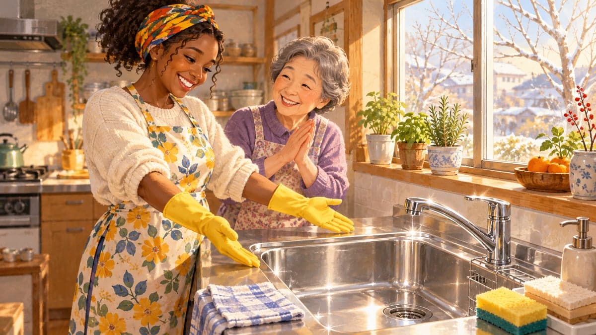 Seorang wanita muda bersarung tangan getah dengan bangganya menunjukkan kepada ibu tuan rumah Jepunnya sinki dapur yang berkilauan semasa pembersihan akhir tahun, kedua-duanya tersenyum di bawah cahaya matahari musim sejuk.
