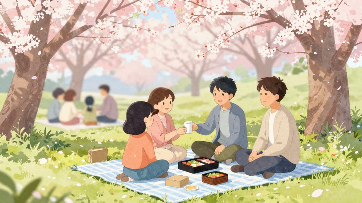 hanami berkelah di bawah pokok ceri mekar penuh: sebuah keluarga Jepun di atas tikar menyerahkan cawan kepada dua pelancong asing yang tersenyum yang telah duduk di sebelah mereka