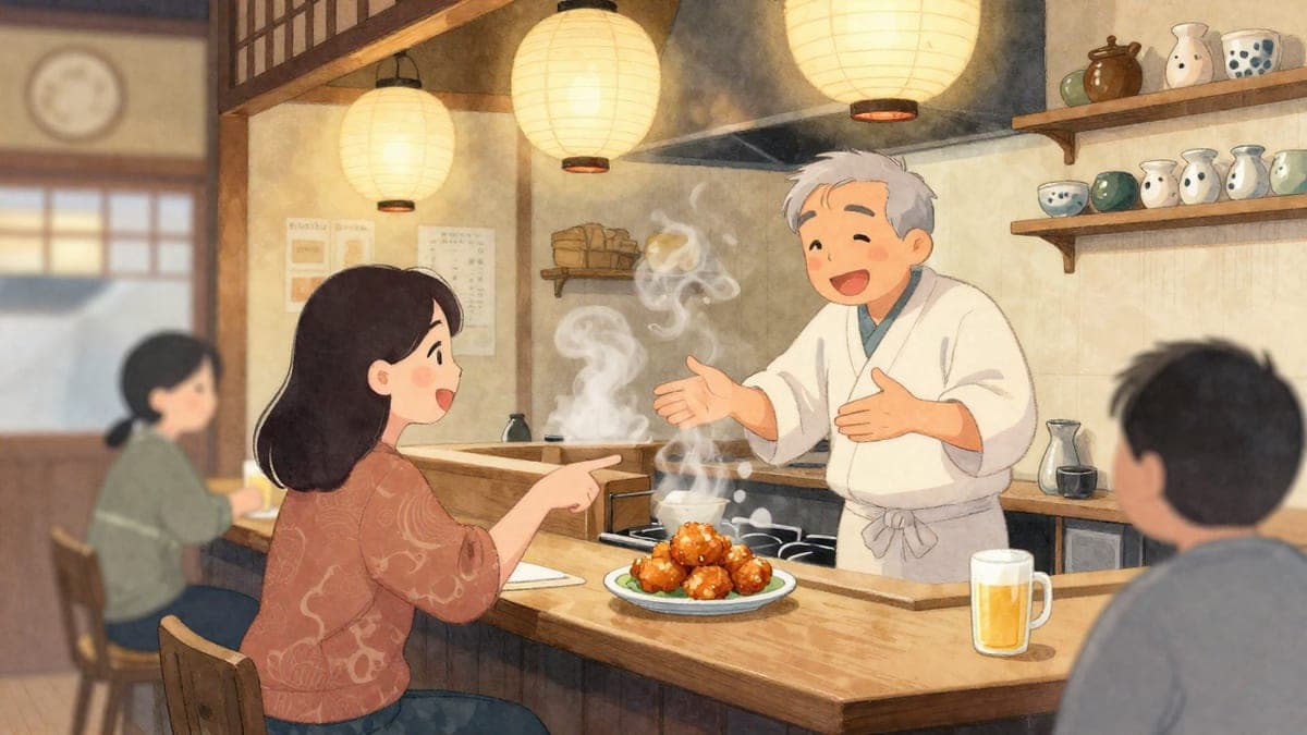 Di dalam izakaya hangat dengan tanglung kertas dan rak cawan sake, seorang wanita muda di kaunter menunjuk ke arah hidangan kecil sementara tukang masak menerangkannya dengan tangannya