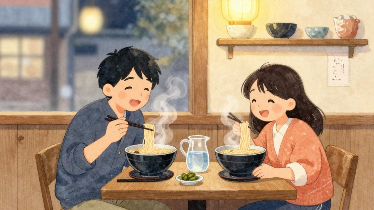 Dua rakan, seorang lelaki Jepun dan seorang wanita Latina, ketawa sambil makan ramen kukus bersebelahan di kaunter kayu yang selesa pada waktu petang.