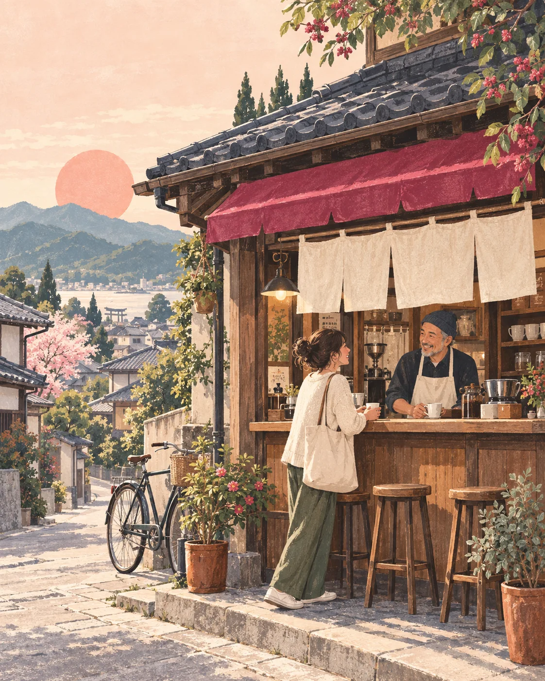 Illustration of a learner chatting with the owner of a neighborhood café in Japan
