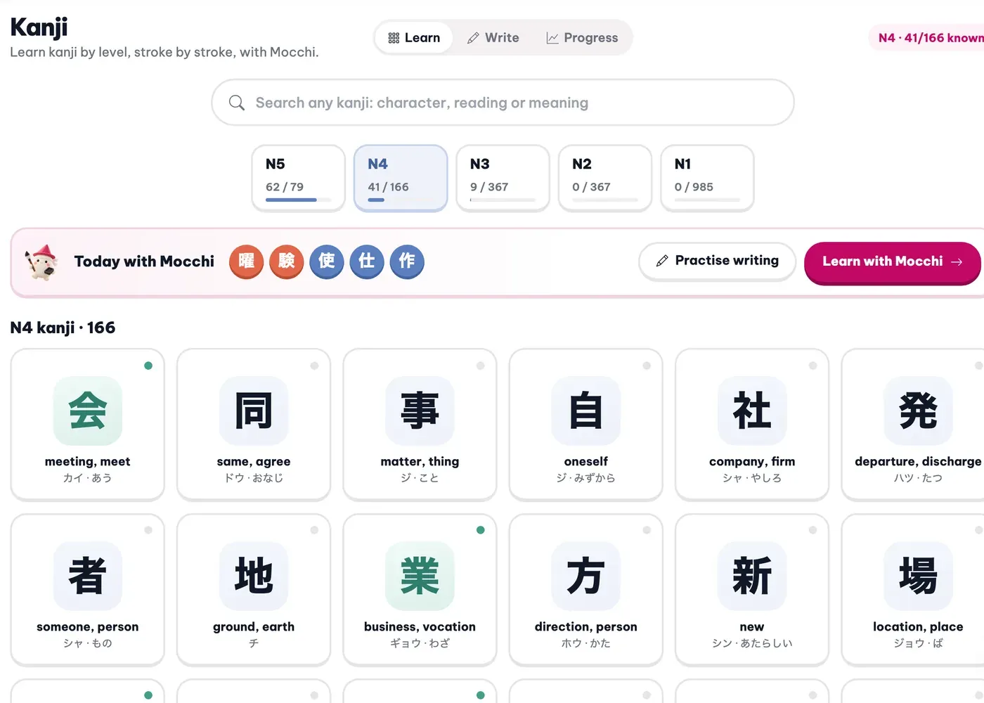 Unihongo-гийн Кандзи хуудас: JLPT түвшний картууд, Mocchi-тэй өнөөдөр, утга болон уншлагатай N4 кандзигийн тор